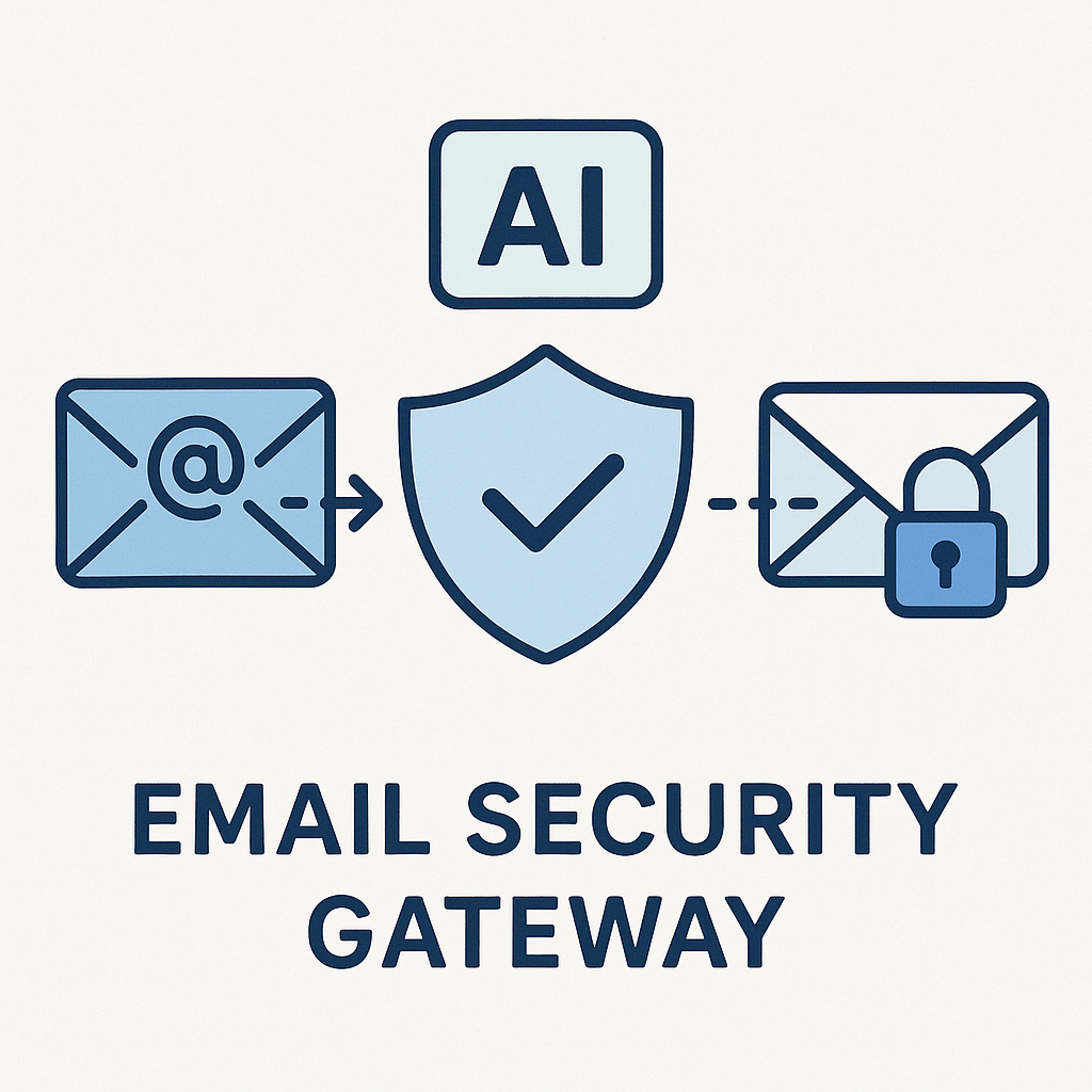 Illustration of an AI-powered email security gateway protecting corporate inboxes from phishing and malware.