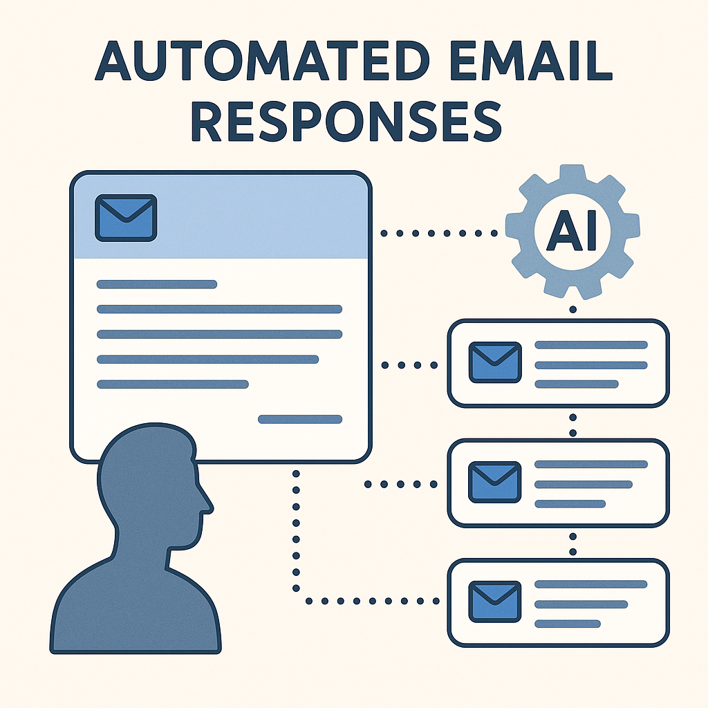 Informative illustration showing automated email response examples generated by an AI assistant for productivity.