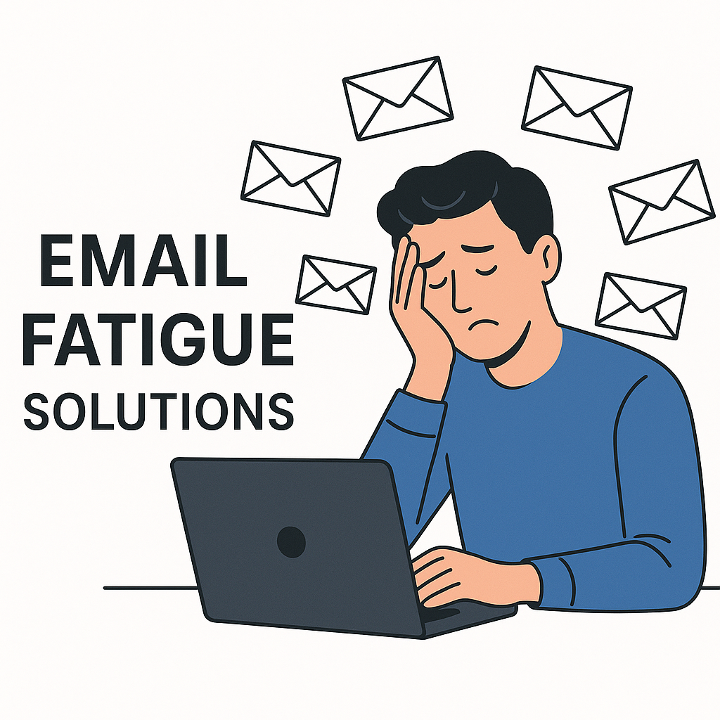 Modern graphic depicting AI-powered email fatigue solutions, transforming digital inbox chaos into streamlined organization.