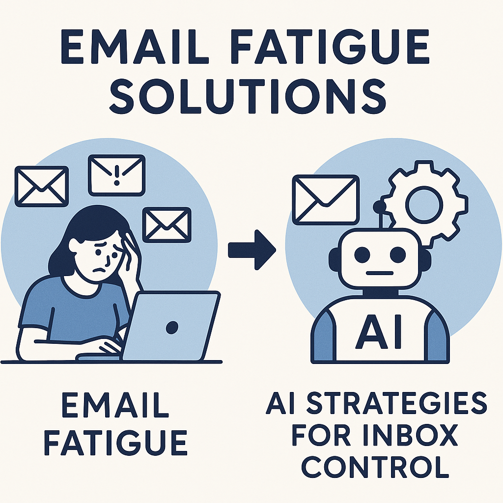 Educational illustration of an AI assistant managing emails, offering email fatigue solutions for inbox control.