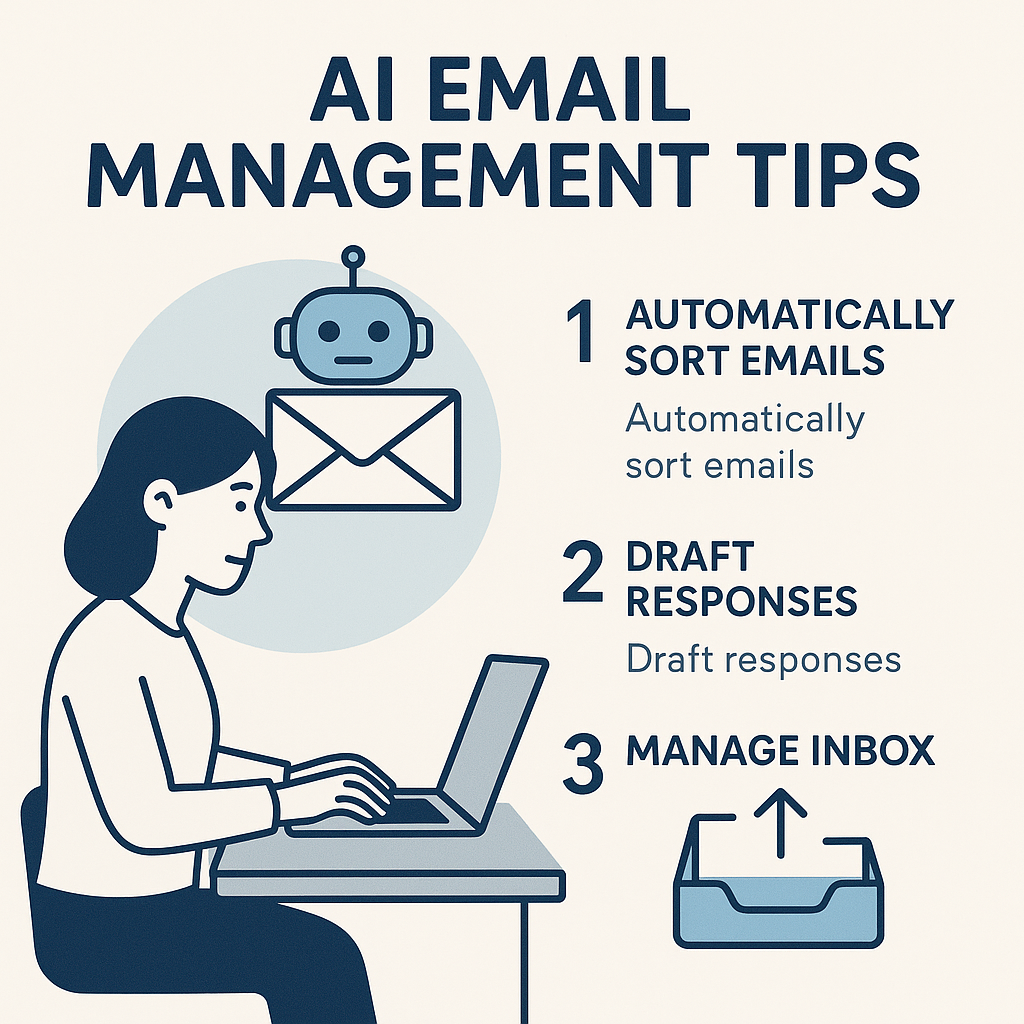 Minimalist illustration showing AI organizing emails, highlighting effective email management tips for busy professionals.