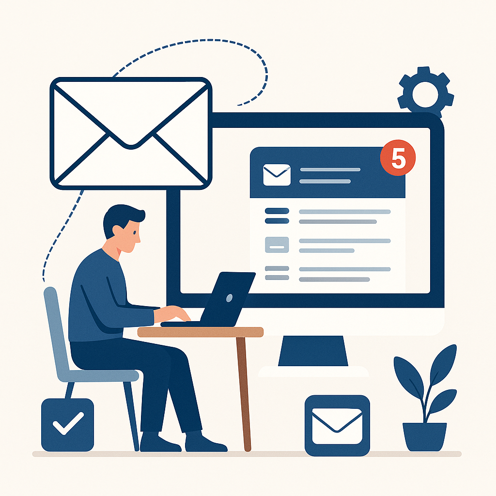 Professional workspace with a laptop, symbolizing streamlined inbox efficiency with smart email management software.