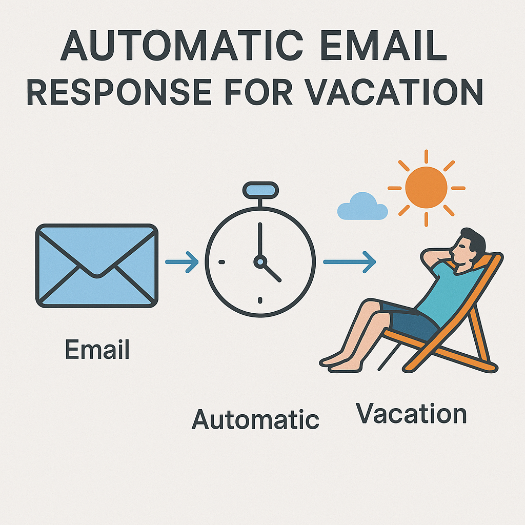 Illustration demonstrating an automatic email response for vacation, showing an email icon with an automated reply.