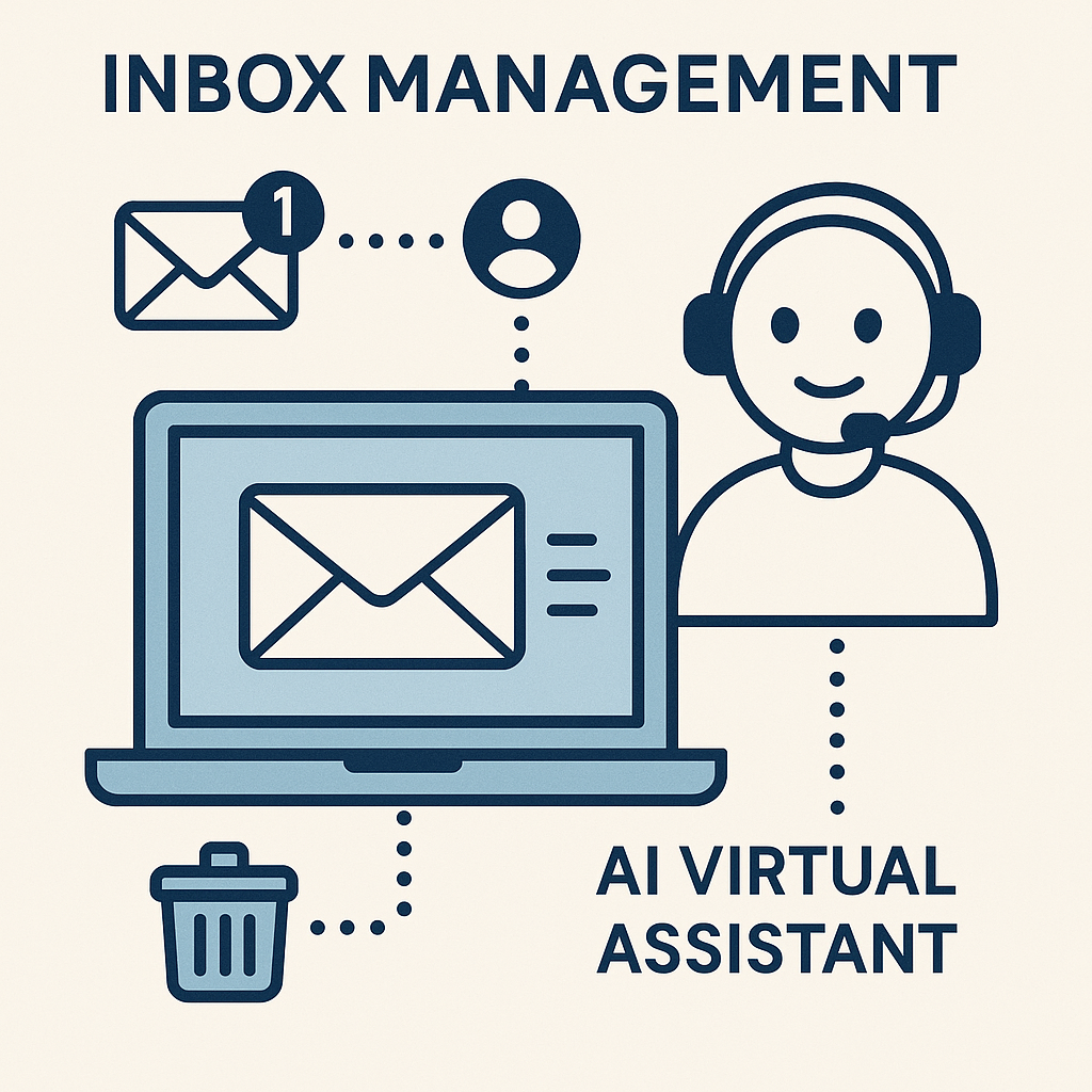 Illustration showing an AI inbox management virtual assistant organizing emails efficiently.