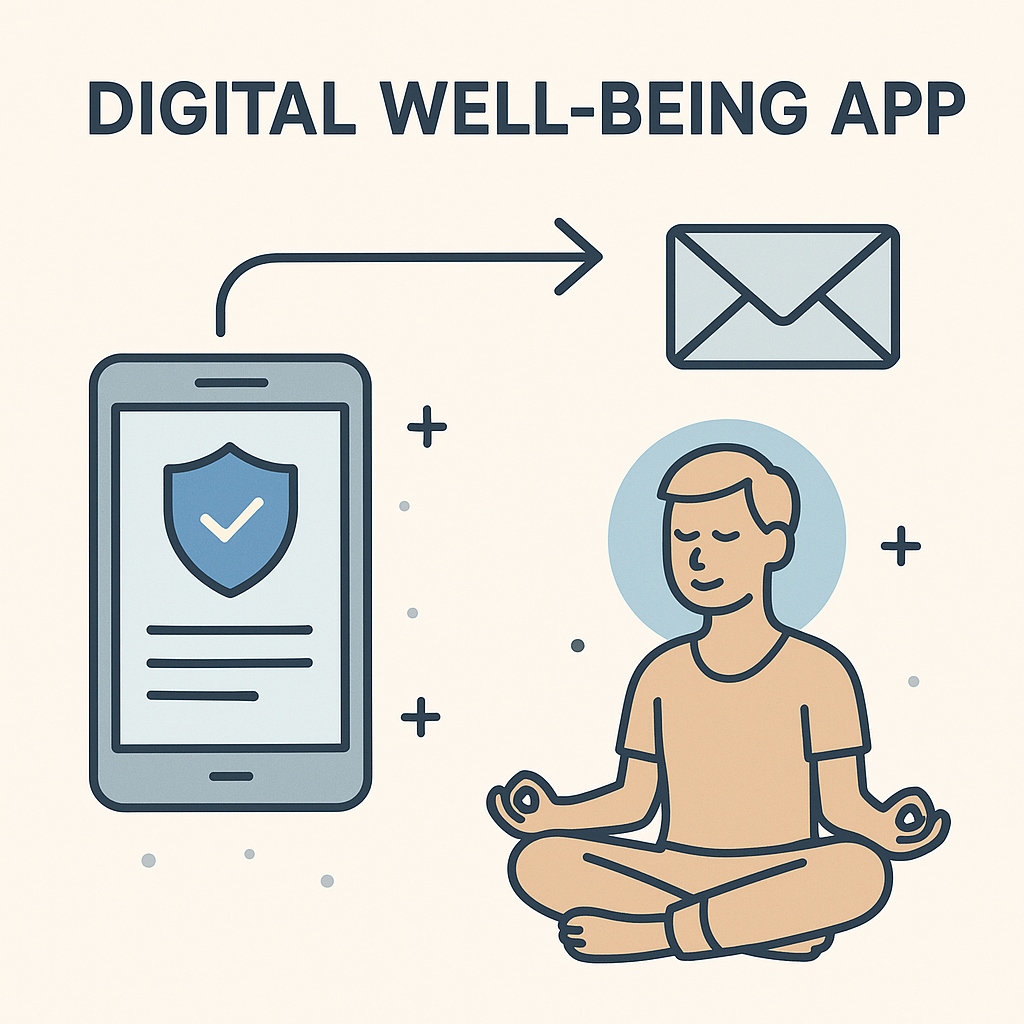 Informative illustration of a digital well being app promoting focus and email productivity by managing inbox distractions.