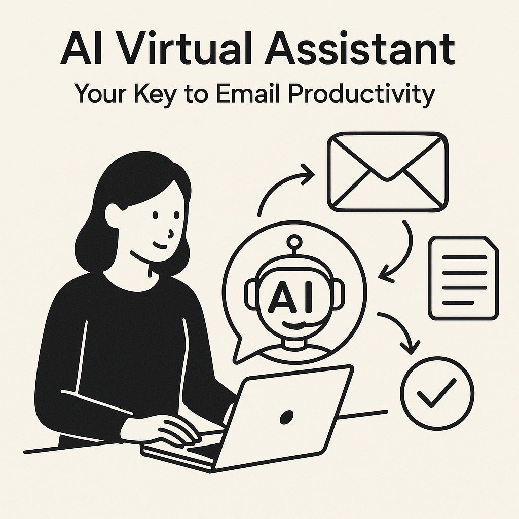 Informative illustration of an AI virtual assistant streamlining email tasks for enhanced productivity.