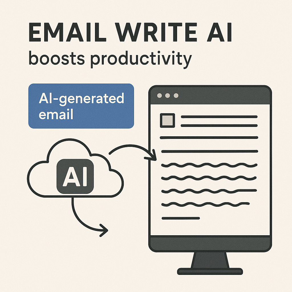 Clear illustration showing email write AI generating efficient drafts and streamlining inbox management.
