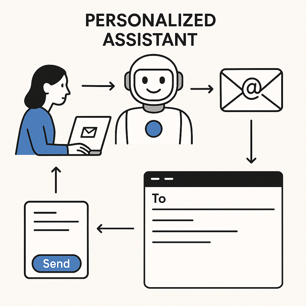 Illustration of a personalized assistant AI streamlining email productivity with smart sorting and organization.