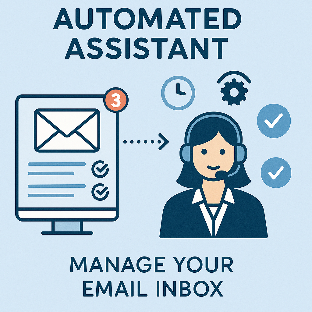 Informative illustration of an automated assistant organizing and streamlining an email inbox.