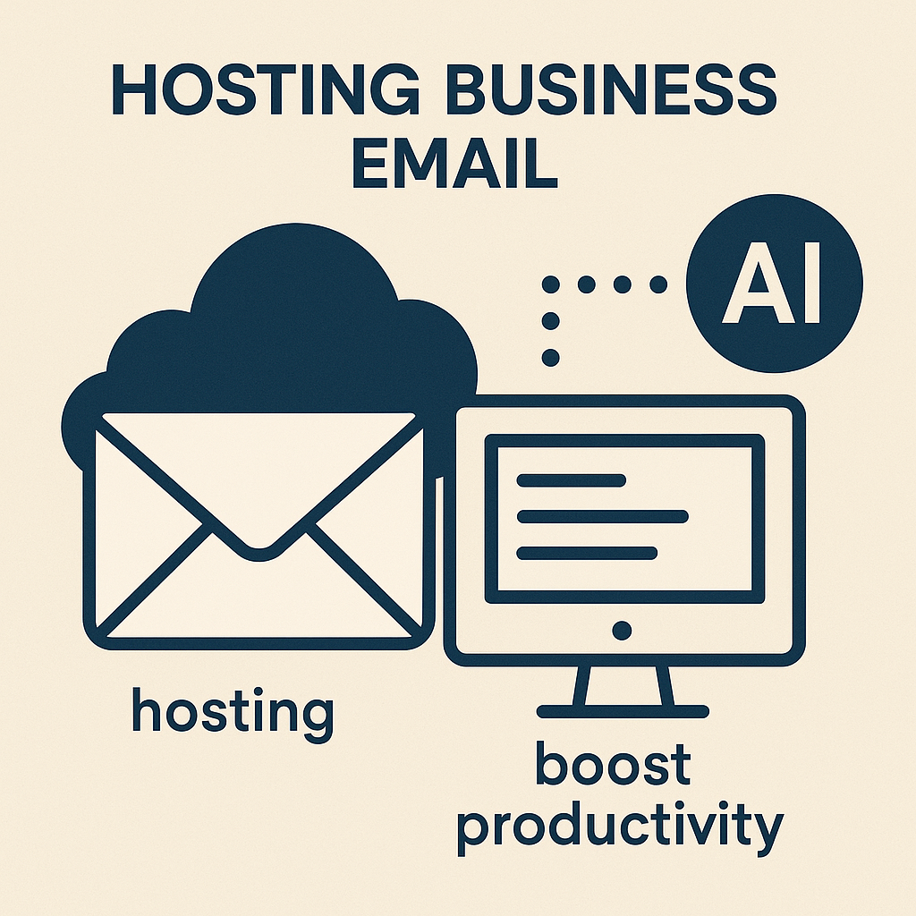 Informative illustration of secure cloud hosting for business email, with AI features boosting productivity.