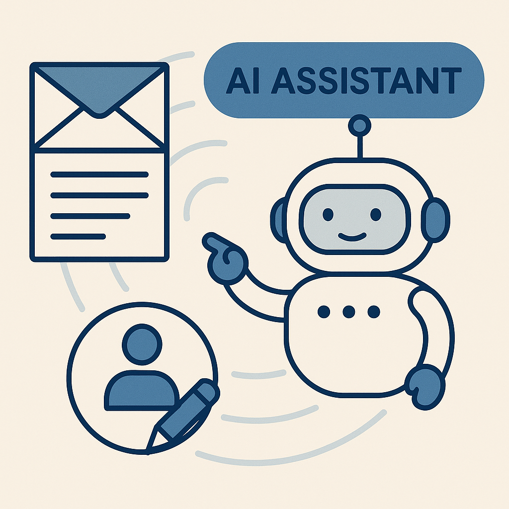 Informative illustration visualizing an assistant AI tool sorting and managing emails, boosting productivity for users.