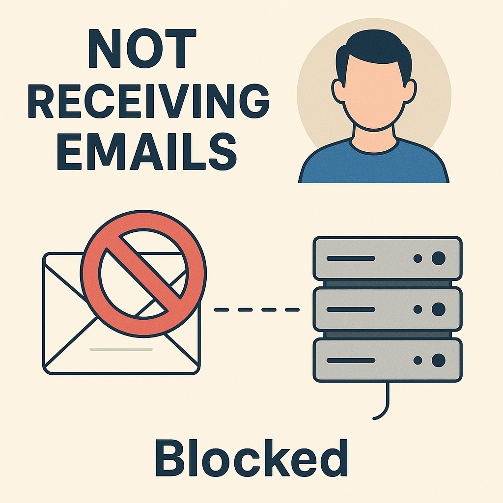 Informative illustration explaining common reasons for not receiving emails and how to troubleshoot them.