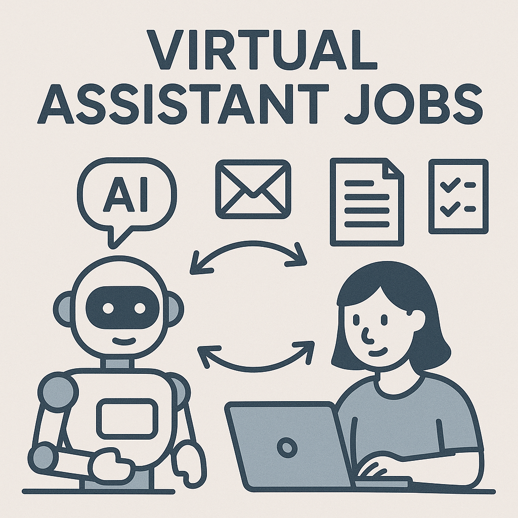 AI automating tasks for virtual assistant jobs, showing AI agents managing inboxes.