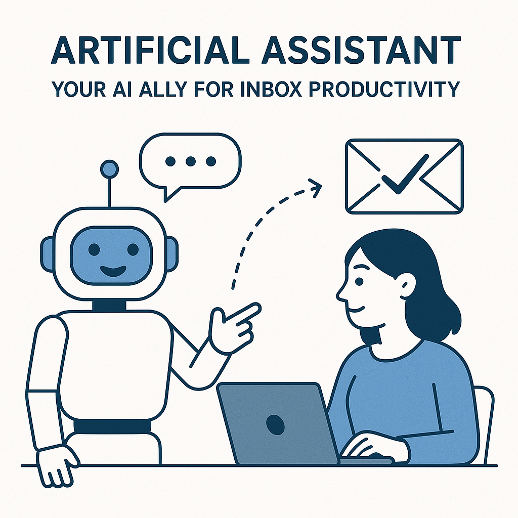 Illustration of an artificial assistant organizing an inbox, demonstrating AI email management.