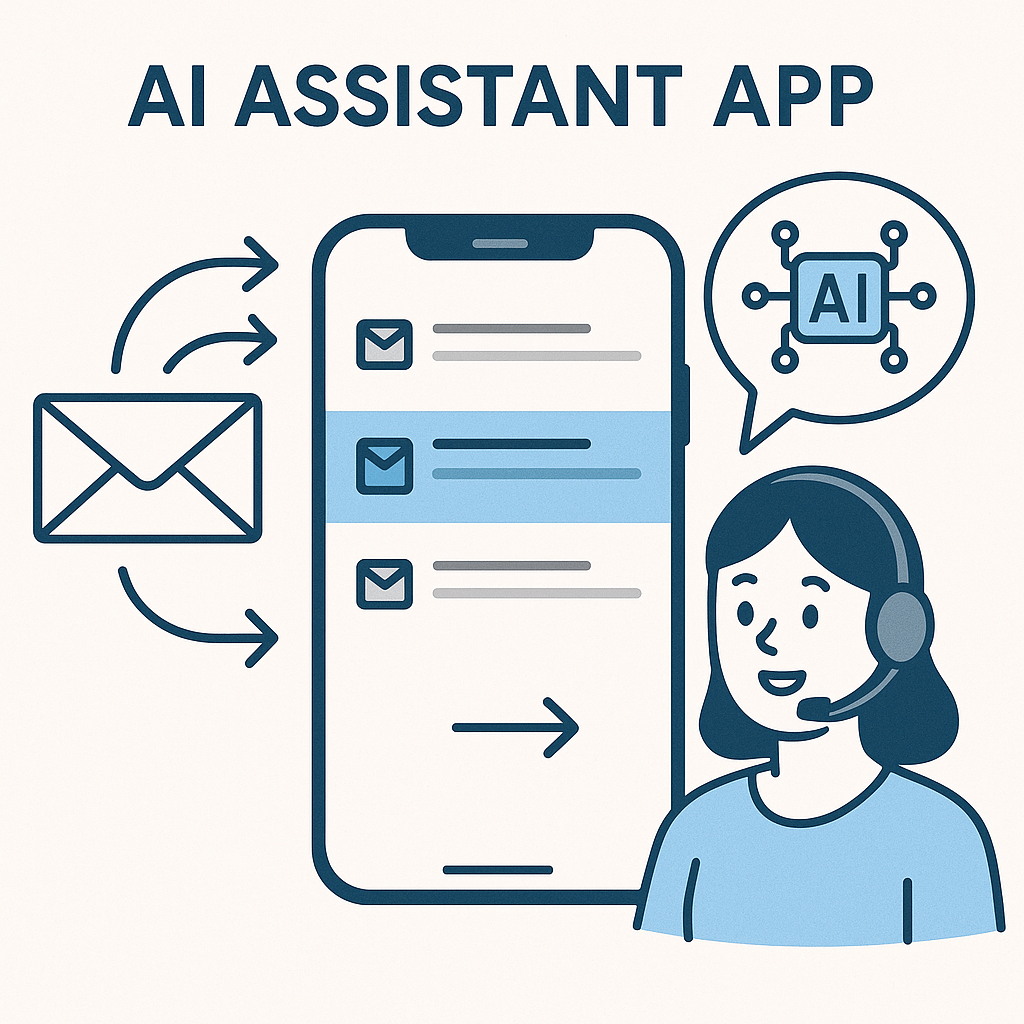 Illustration of an AI assistant app helping professionals manage email and boost productivity.