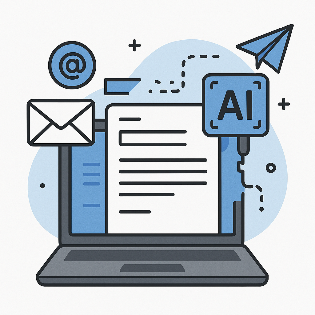 Modern professional illustration of an ai email generator boosting inbox productivity.