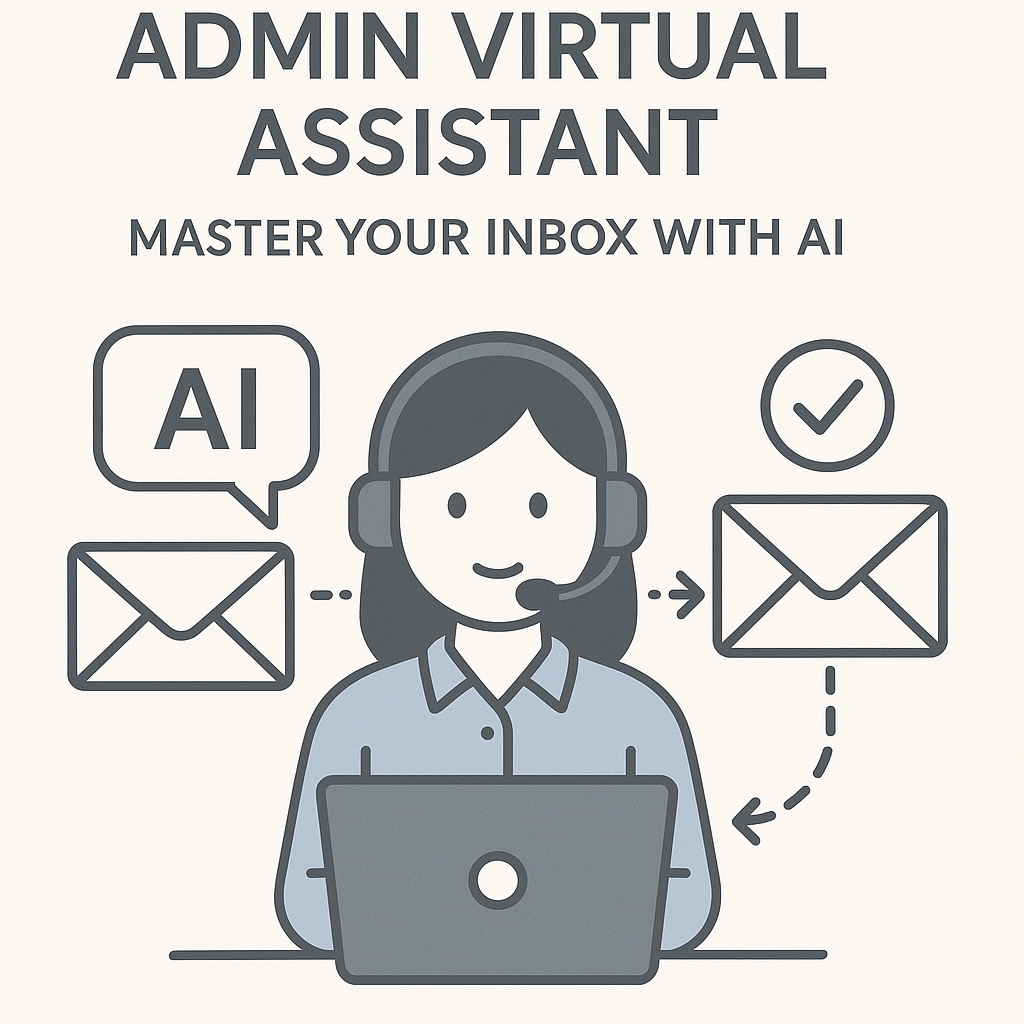 Admin virtual assistant illustration: AI organizing a busy inbox for peak business productivity.