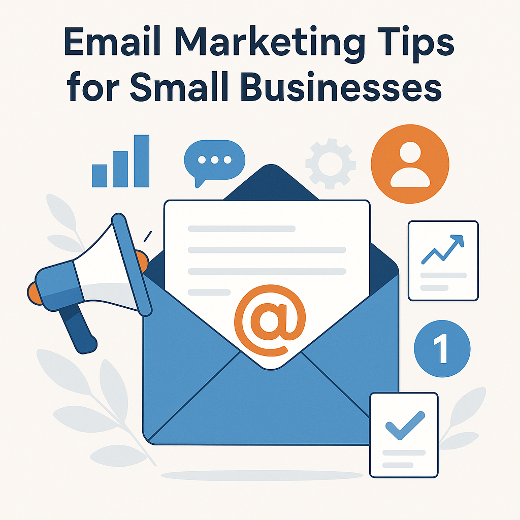 Modern graphic illustrating email marketing tips for small businesses to drive growth.