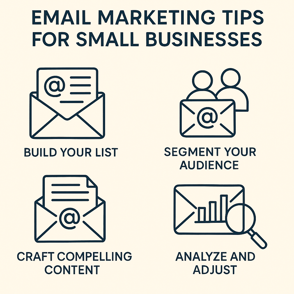 Minimalist illustration of key email marketing tips for small businesses driving growth.