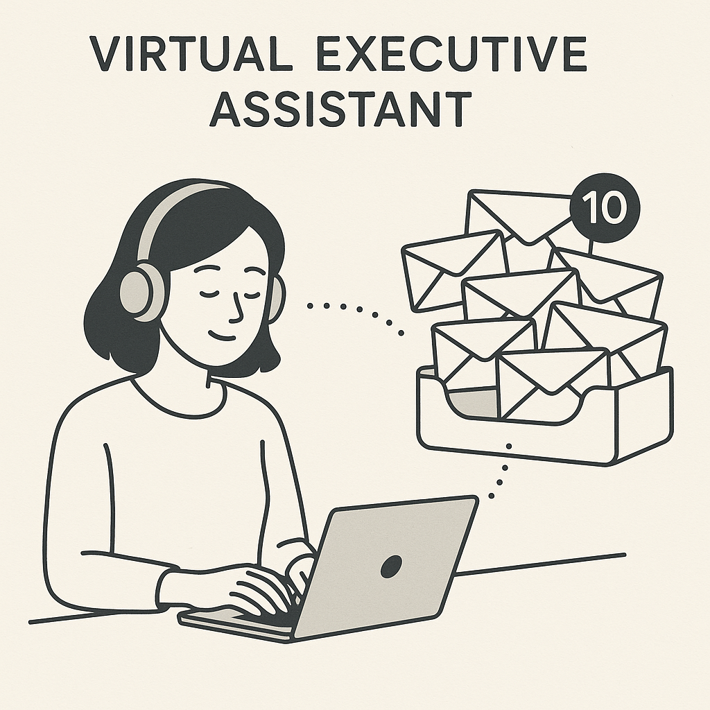 Virtual executive assistant organizing a busy inbox for peak remote work productivity.