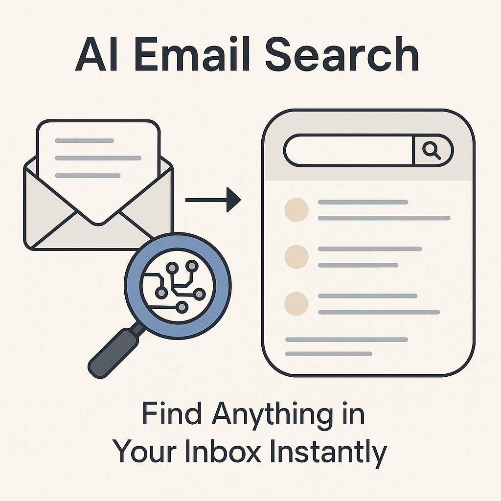 Illustration of AI email search efficiently finding emails in an organized inbox.