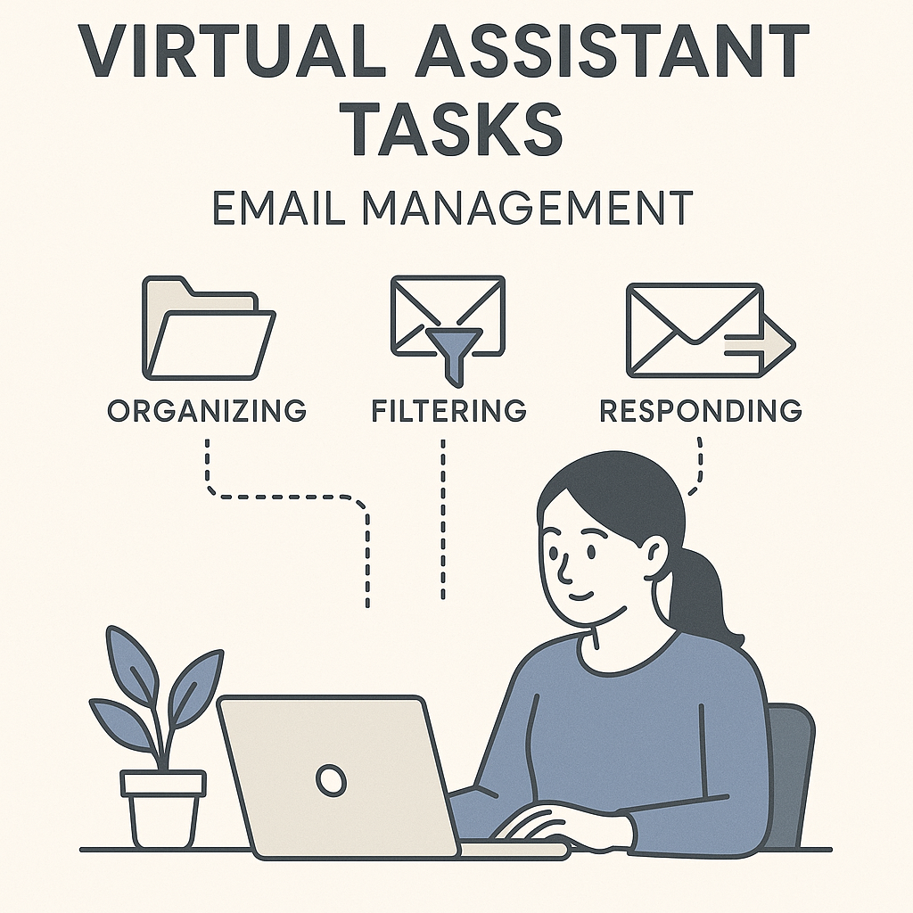 Virtual assistant tasks: Illustration of organized inbox and email delegation.