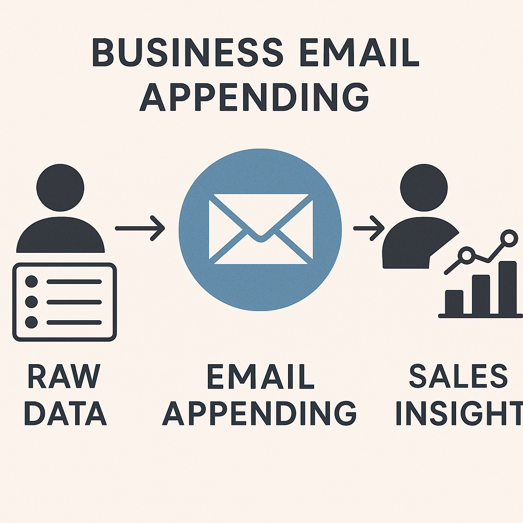 Illustration of business email appending: transforming raw contact data into valuable sales insights for B2B lead generation.