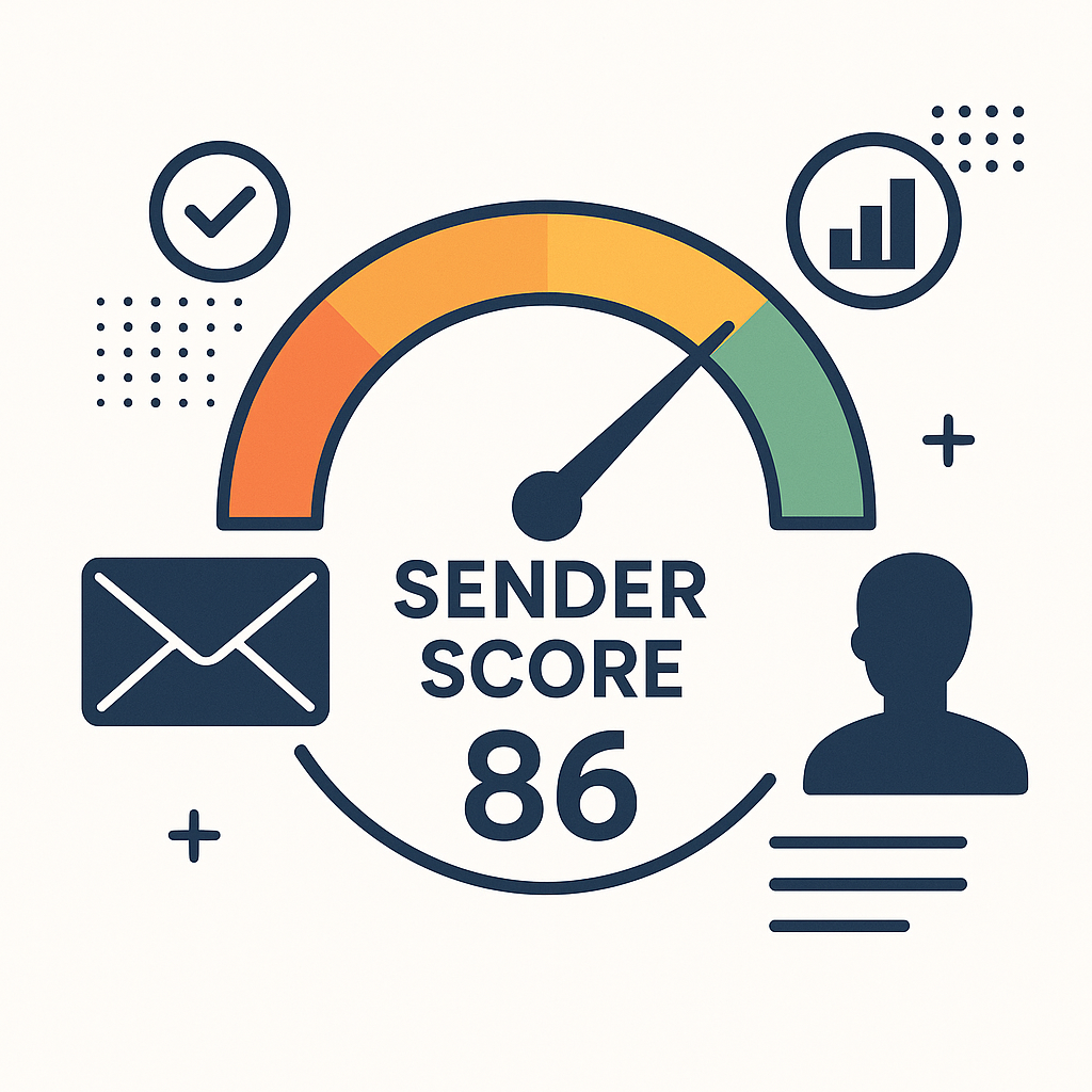 Professional graphic illustrating a high sender score for improved email deliverability.