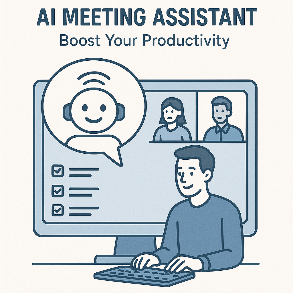 Illustration of a meeting ai assistant organizing notes, summaries, and action items for improved productivity.