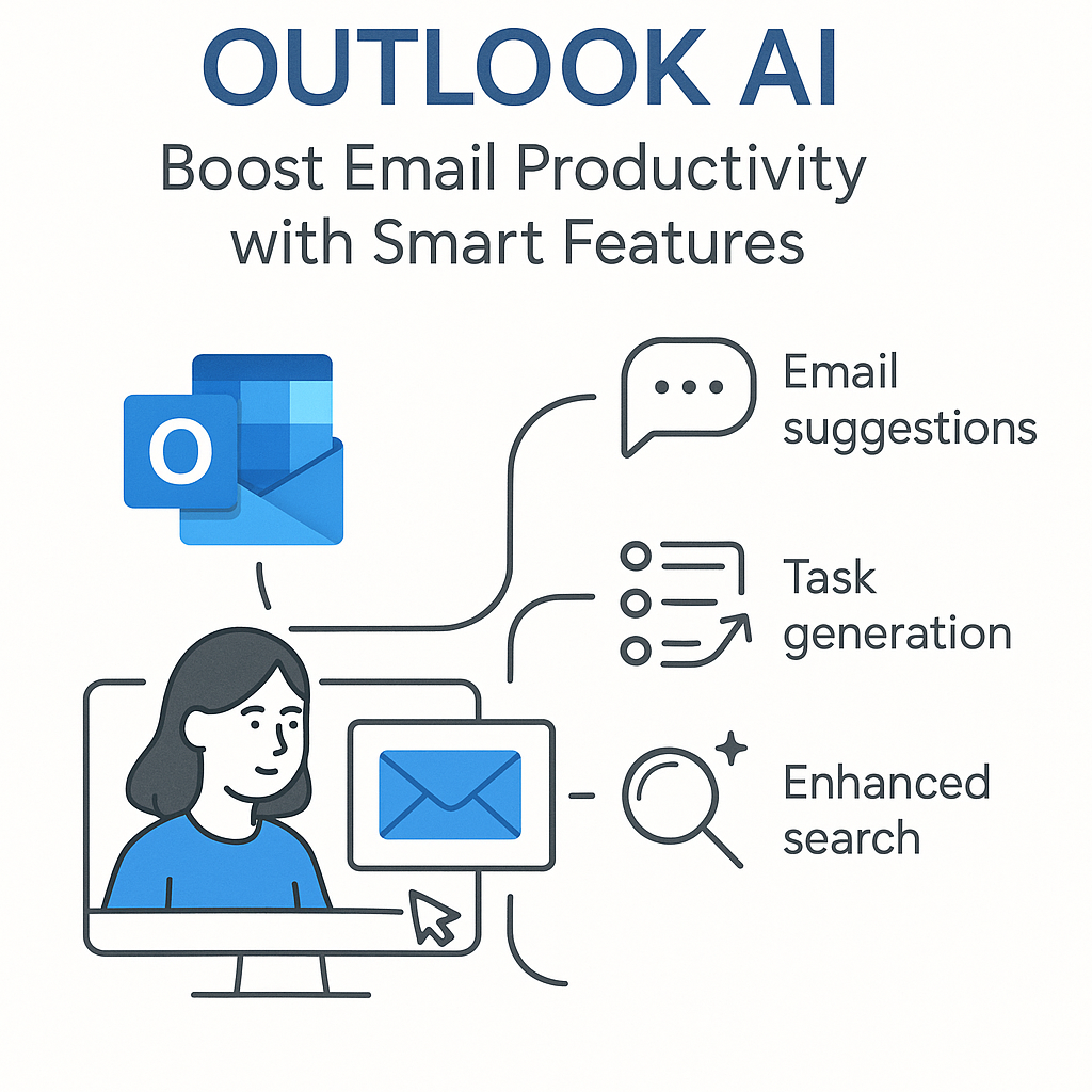 Outlook AI illustration: Smart features automate email workflow and boost productivity.