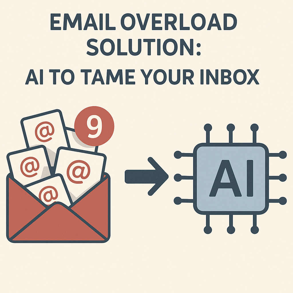Illustration: AI taming an overflowing inbox as an effective email overload solution.
