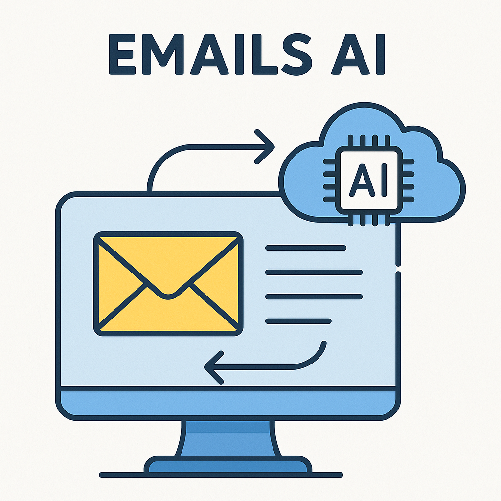 Illustration showing emails ai organizing an inbox for enhanced business email productivity.