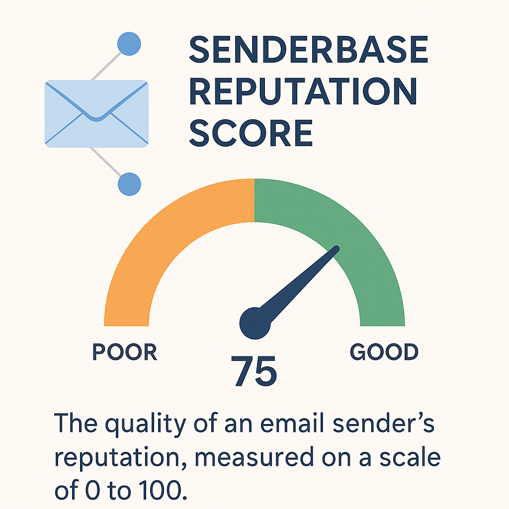 Illustration of senderbase reputation score for optimal sender reputation and email deliverability.