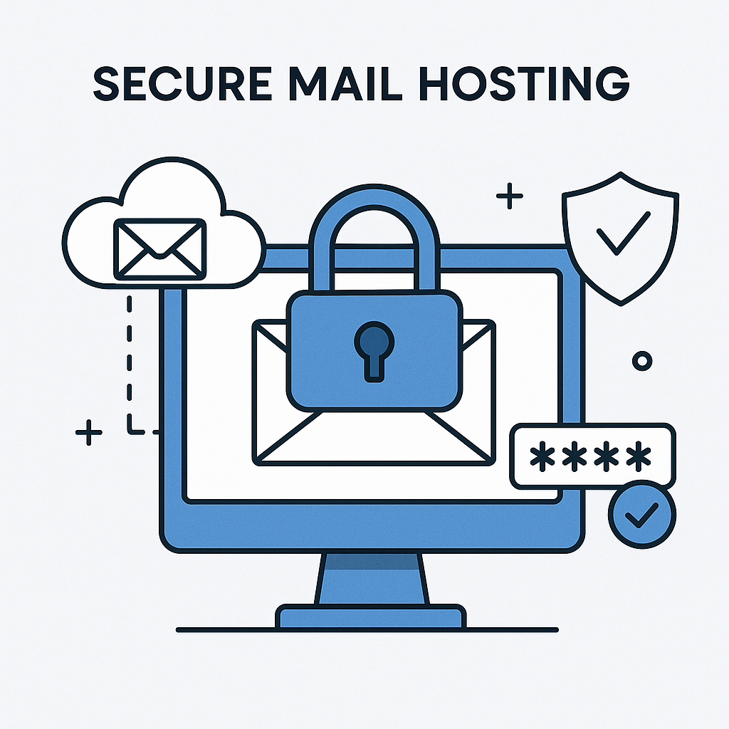 Minimalist illustration explaining secure mail hosting's role in AI email productivity and data protection.