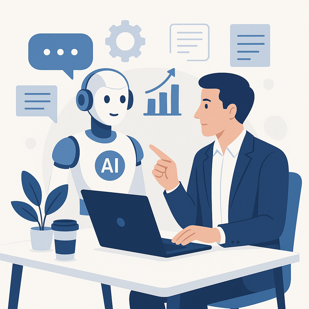 Modern illustration of an AI productivity assistant helping to manage a smart inbox efficiently.
