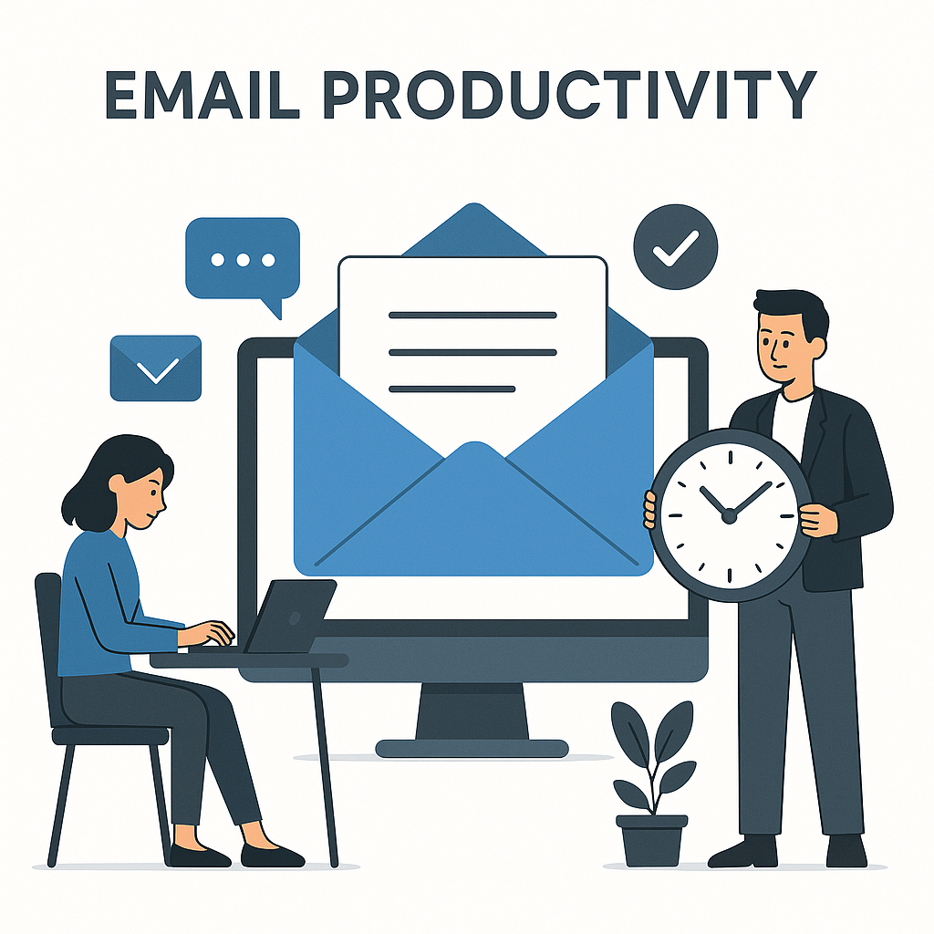 Boost email productivity with AI: Modern graphic showing streamlined inbox management and task delegation.