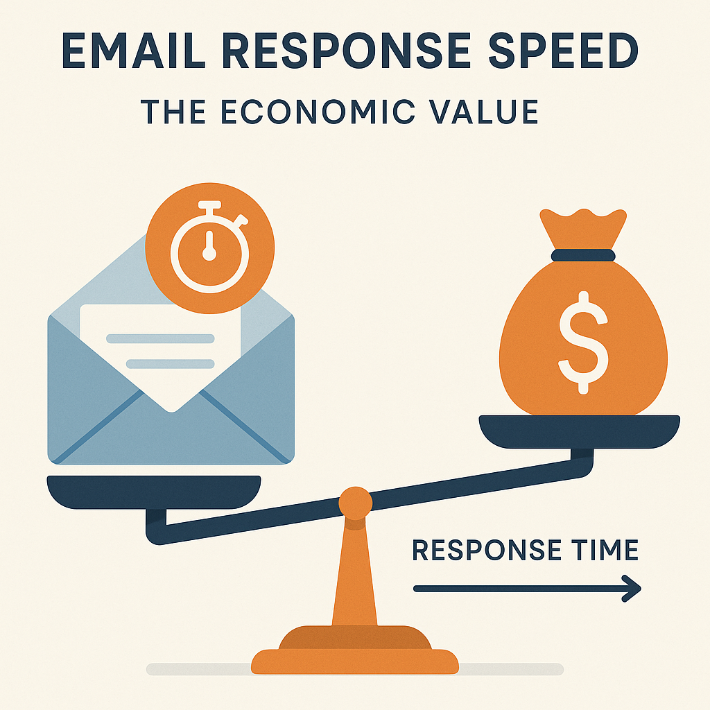 Minimalist illustration: Clock hands speeding up to show increased email response speed value and business growth.