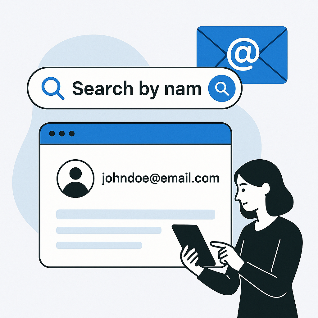 Modern graphic for email search by name, helping users find emails by contact name and improve inbox productivity.