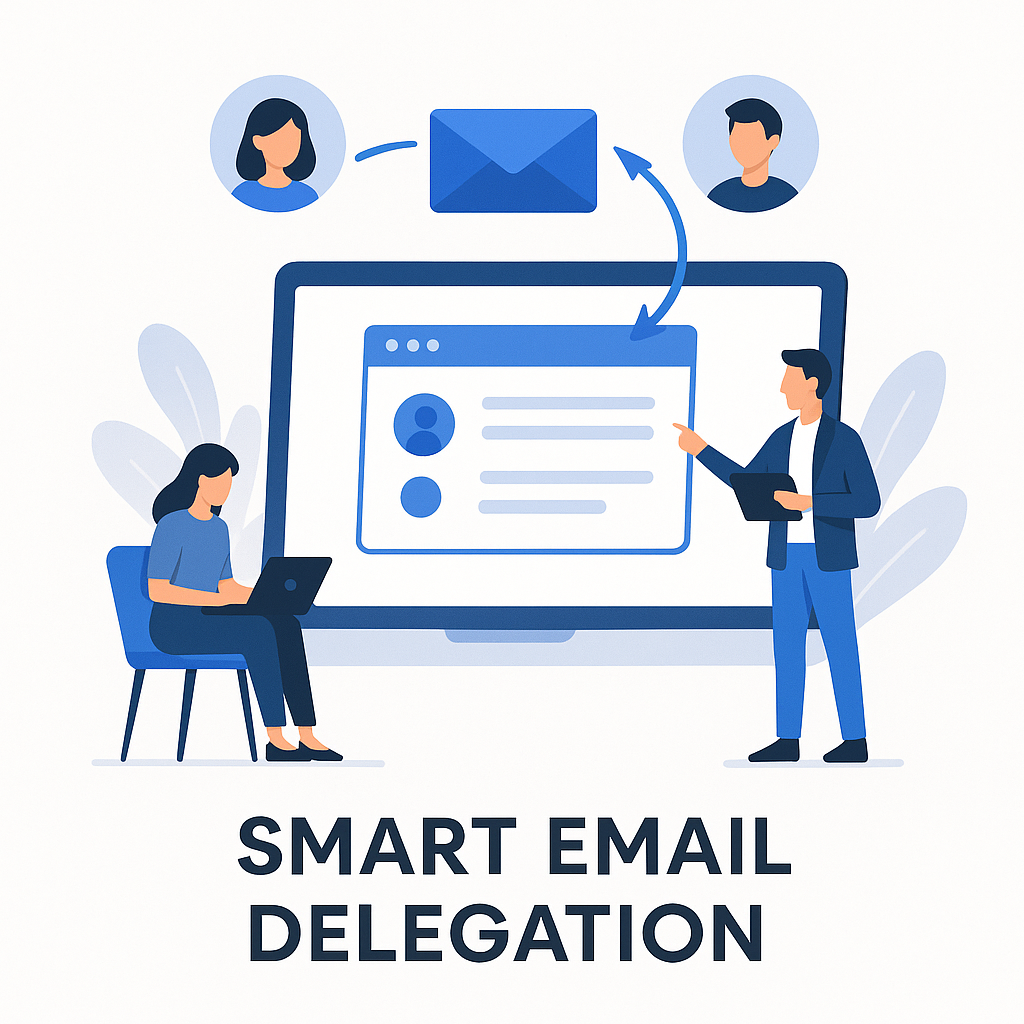 Illustration of smart email delegation: AI managing an organized inbox efficiently.
