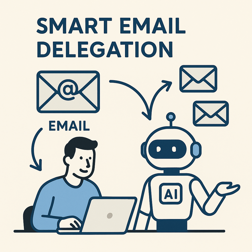 Smart email delegation illustration: AI assistant organizing inbox tasks for productivity.