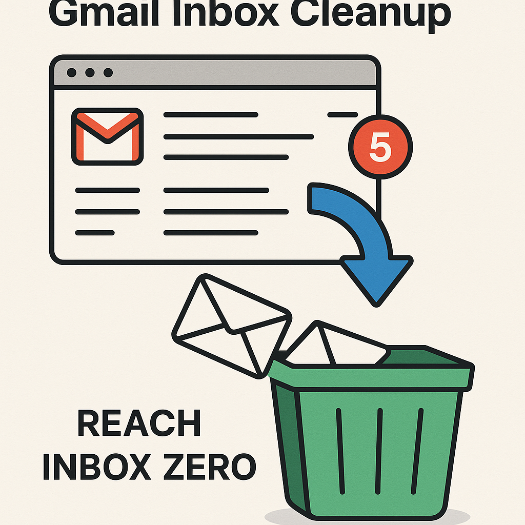 Minimalist illustration for effective gmail inbox cleanup, showing organized emails and productivity.