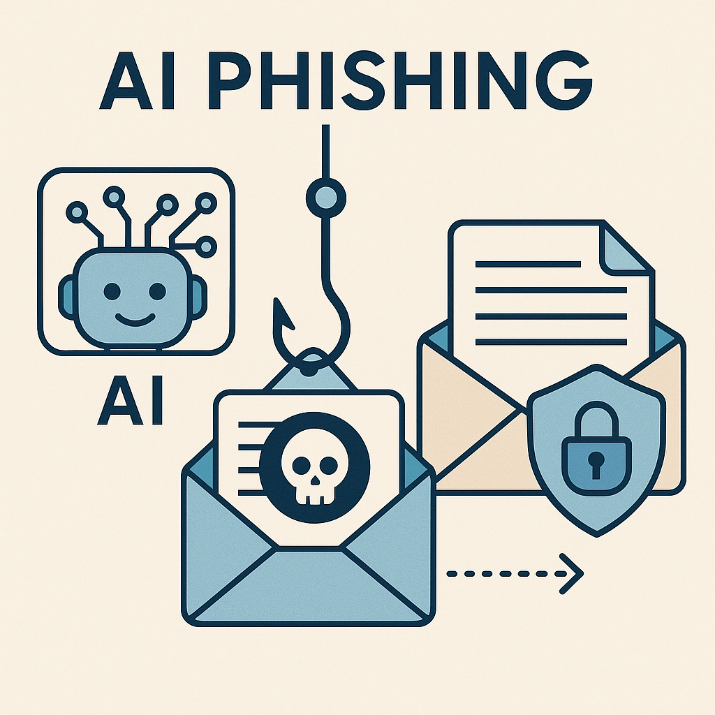 AI phishing detection illustration: AI protecting your inbox from cyber threats.