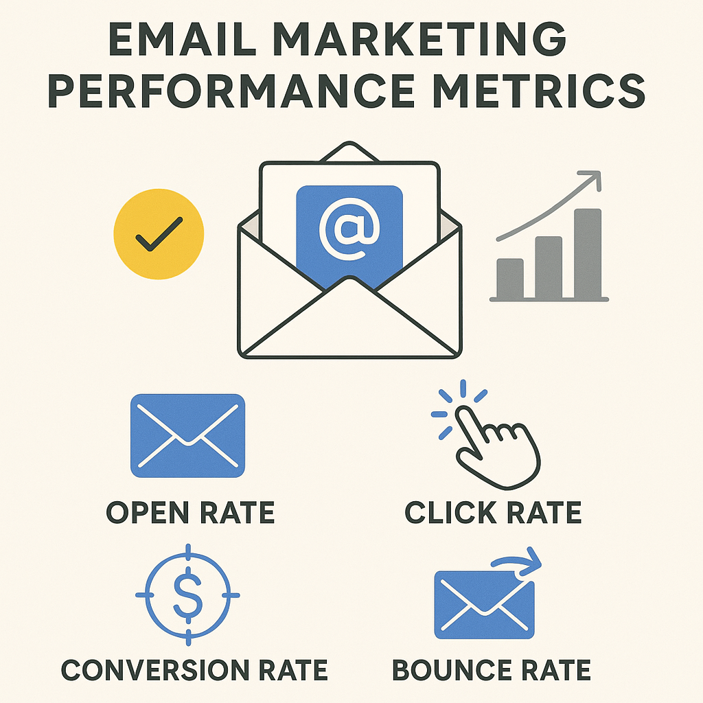 Illustration of key email marketing performance metrics: engagement, ROI, and deliverability.