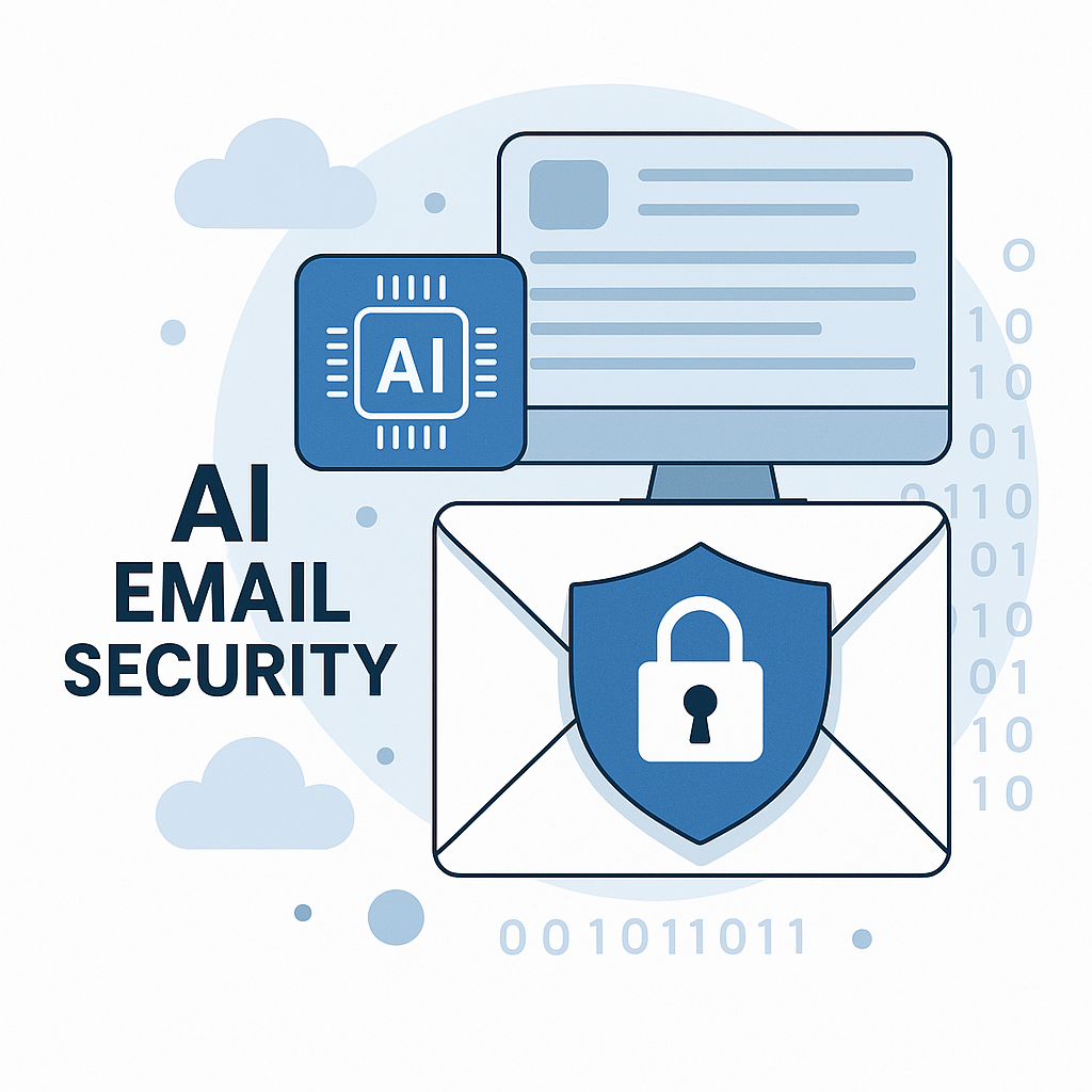 Modern illustration of AI email security protecting business inboxes from cyber threats.