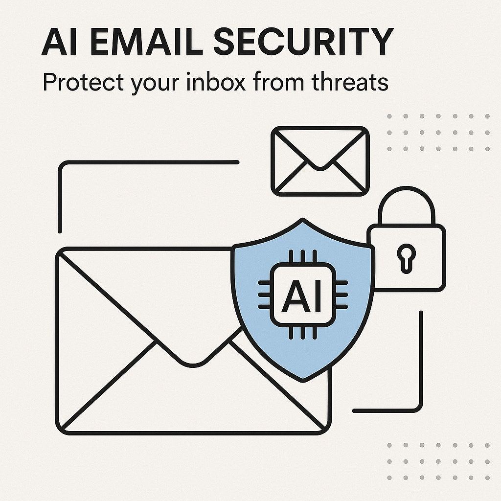 Illustration: AI email security protects inbox from phishing & malware in a minimalist design.