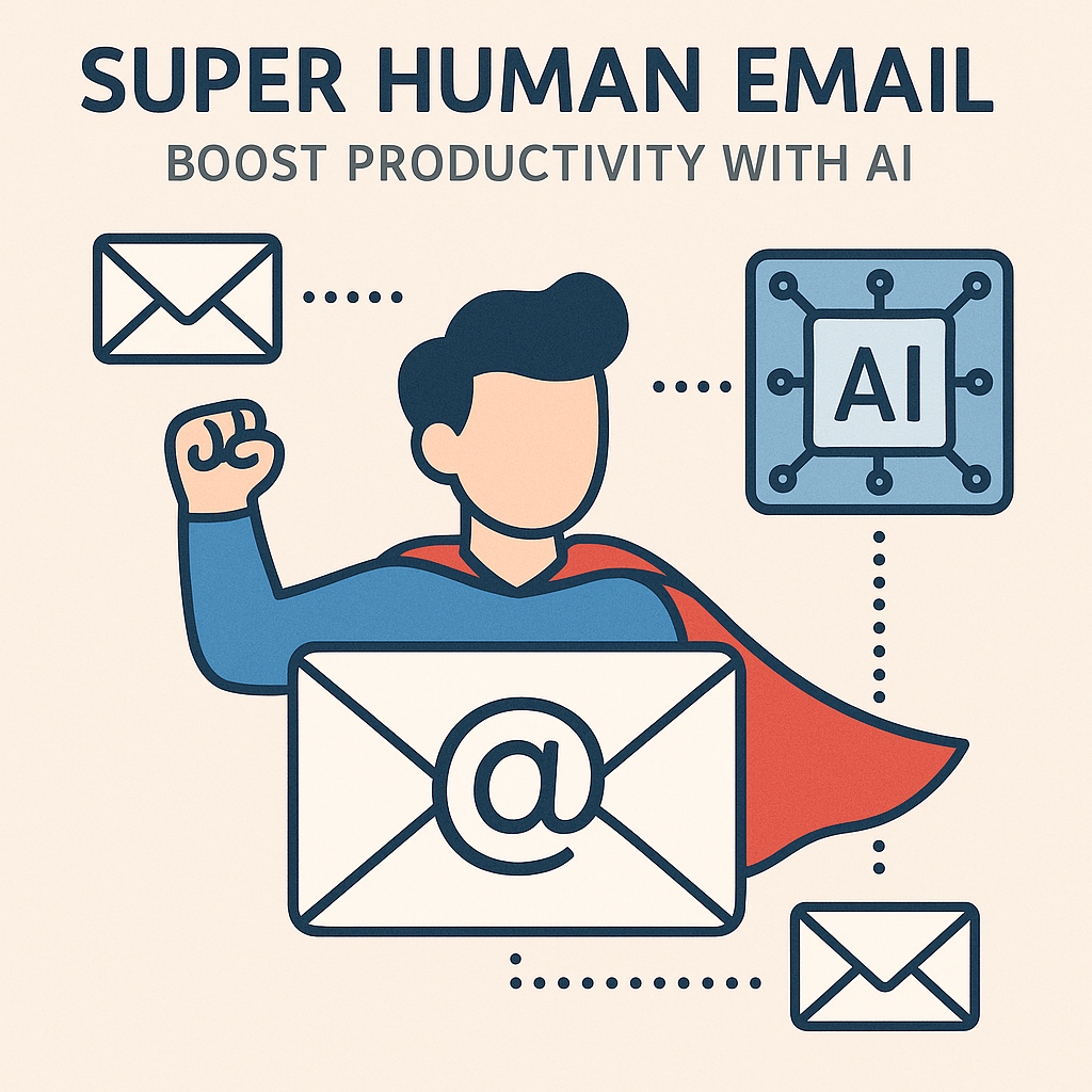 Super human email illustration showing AI boosting inbox productivity and efficiency.