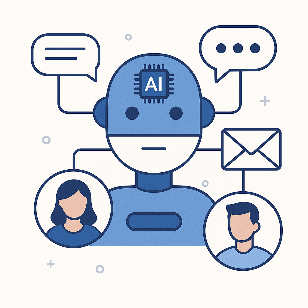 Professional illustration of AI in customer communications, boosting email productivity and engagement.