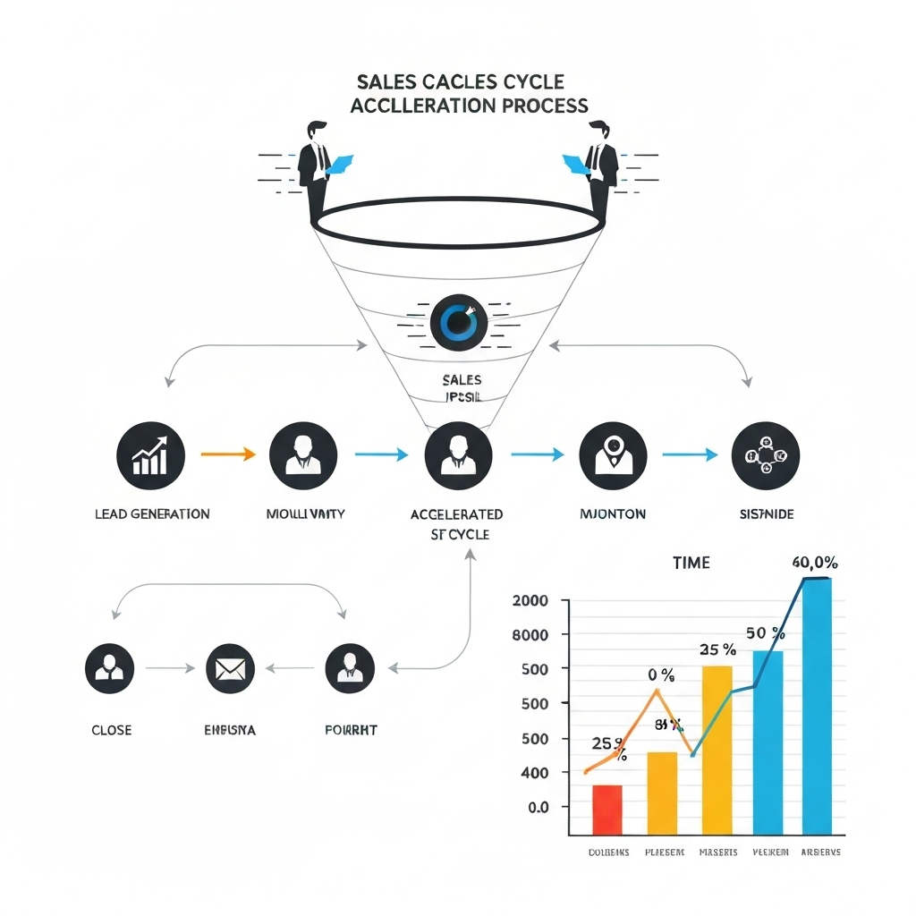 Modern graphic illustrating sales cycle acceleration with quick email responses and efficient workflows.