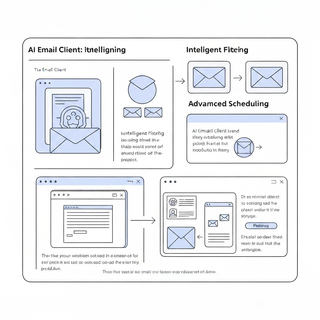 Illustration of an AI email client intelligently sorting and managing inbox for boosted productivity.