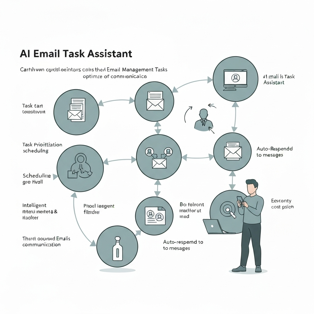 Illustration of an AI email task assistant organizing inbox tasks for boosted productivity.